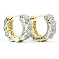 Two Tone Yellow Gold Plated Sterling Silver Fully Iced CZ Huggie Hoop Earrings