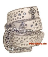 Western Rhinestone White Cross Concho Snap On Buckle Leather Belt L ML