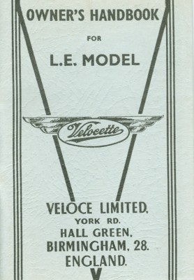 VELOCETTE MOTORCYCLE OWNERS HANDBOOK FOR L.E. MODEL ANTIQUE REPRODUCTION