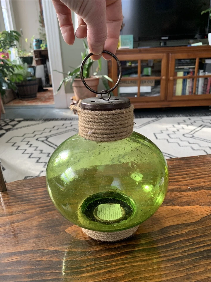 GLOBO DE VIDRIO REDONDO EN RELIEVE VERDE COLGANTE O LINTERNA DE VELA DE PIE con Cuerda Foto 3 de 4