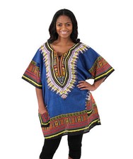 Blue Traditional African Dashiki w/color designs two pockets. Free size.
