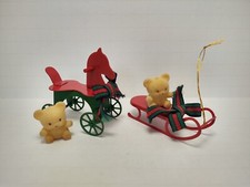 2 Vintage Metal Christmas Ornaments With Flocked Bears Sled Rocking Horse