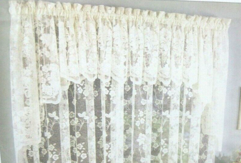 JC PENNEY VICTORIAN LACE Floral SCALLOPED 2 SWAGS + Ascot VALANCE SET