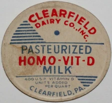 Vintage milk bottle cap CLEARFIELD DAIRY CO INC Homo Vit-D Pennsylvania unused