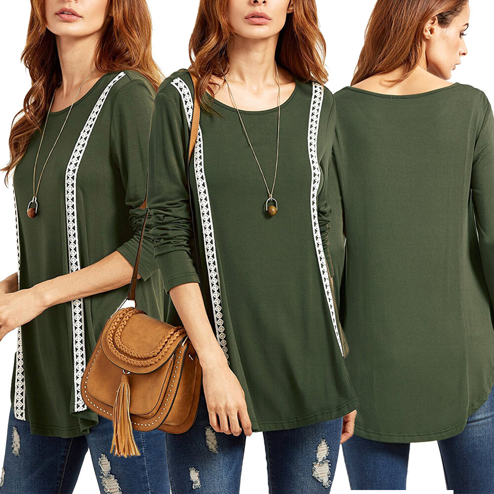 Womens Long Sleeve Round Neck Tunic Tops Ladies Loose T-shirt Pullover Blouse