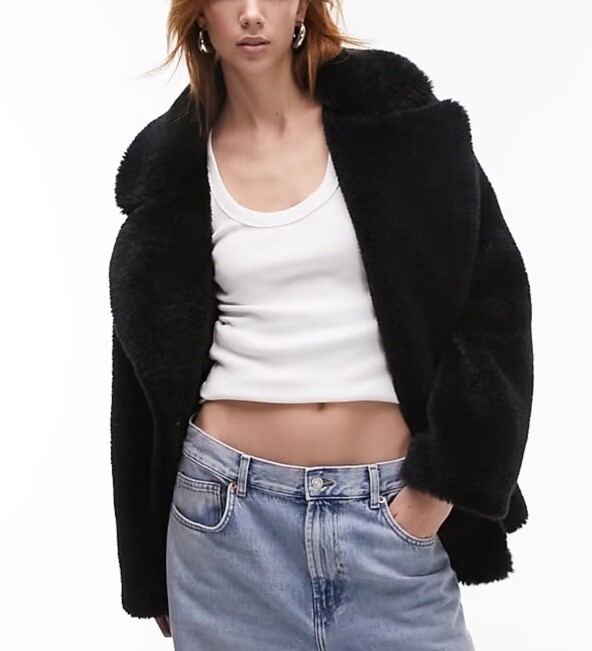 TOPSHOP Black Faux Fur Borg Coat Mid-Length Notch Collar Pockets