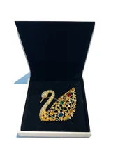 Swarovski SCS Gold Plated Multicolored Crystal Swan Brooch
