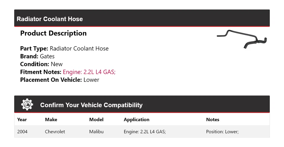 Manguera de refrigerante de radiador de gas de 2,2 L L4 para Chevrolet Malibu 2004 puertas inferiores Foto 2 de 4
