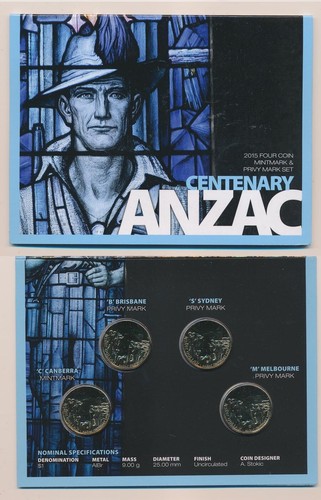 Australia: 2015 ANZAC Centennial $1 C, B, M, S Mint Mark/ Privy Mark Set