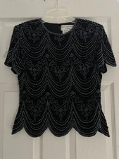 Papell Boutique Black Beaded Scalloped Top Petite Small PS Event Party Formal