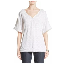 St. John Collection Women’s Sz S White Blouse Top Short Sleeve V-Neck Pom Lace