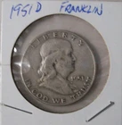 1951-D  Ben Franklin US Half Dollar, 90% Silver, Circulated