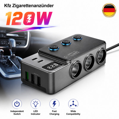 Auto Zigarettenanzünder USB Ladegerät 120W 5 USB Quick Charge QC3.0 3-fach DE