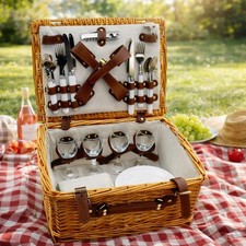Luxury Wicker Picnic Basket Gift Hamper Set for 4 w/ Wine Glasses & Cutlery Set