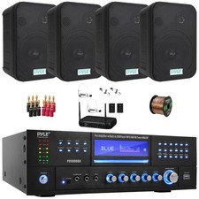 Pyle Bluetooth VFD Receiver, 4x 6.5" 500W Black Waterproof Speakers, Headset Mic