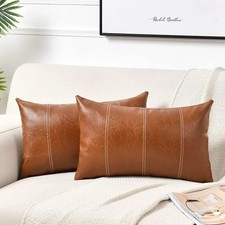 2 Packs Brown Boho Lumbar Faux Leather Decorative Throw Pillow Covers 12x20 Incn
