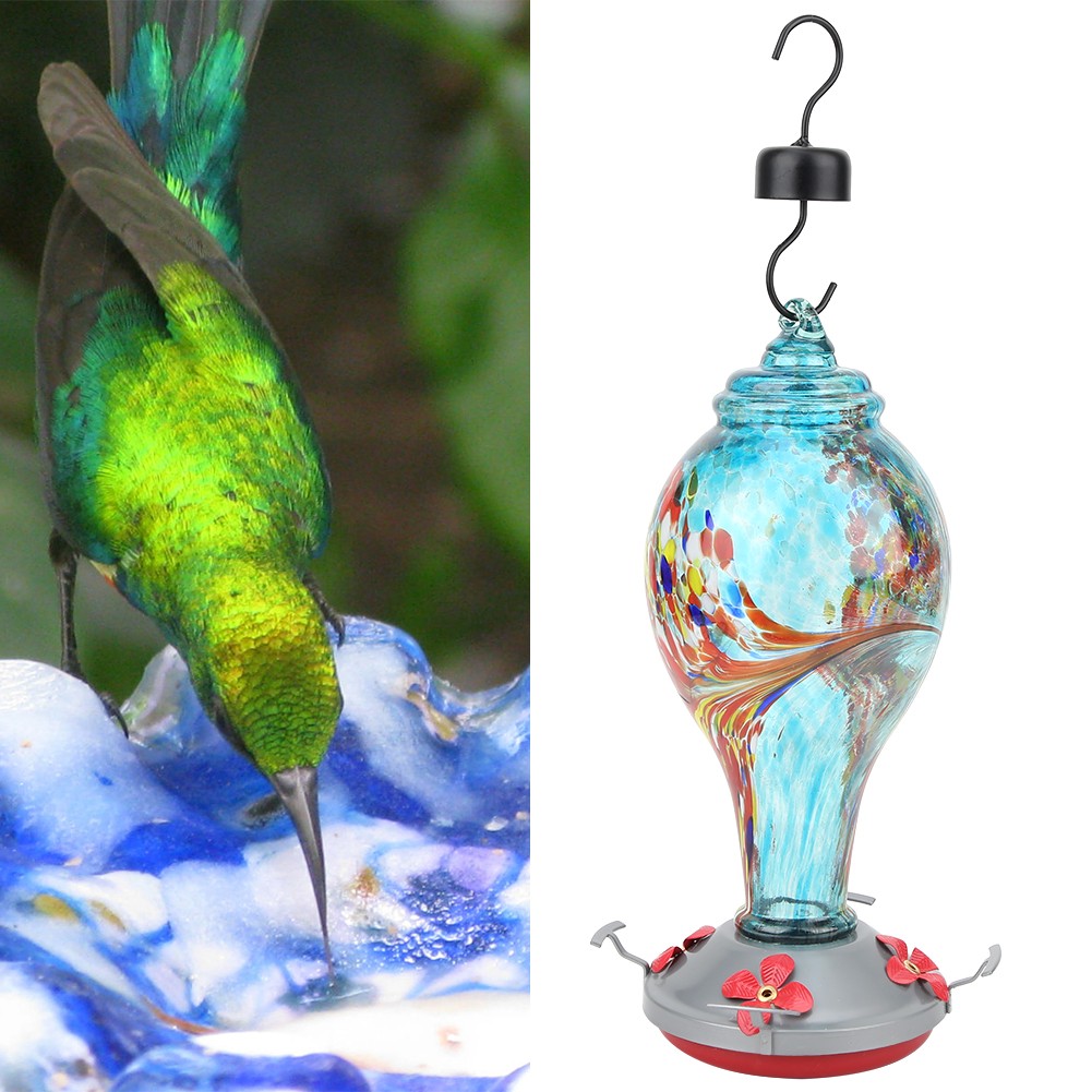 Colorful Painting Glass Bird Feeder Garden Courtyard Outdoor Hummingbirds Water