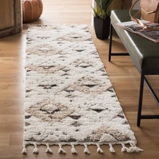 Moroccan Tassel Shag Collection Runner Rug - 2'3" x 6', Ivory & Brown, Boho D...
