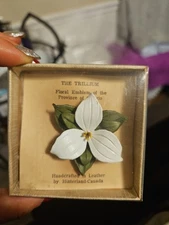 Vintage Trillium Flower Handcrafted  in Leather Pin Brooch by Hinterland Canada