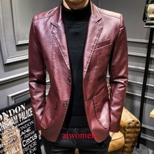 Mens Faux Leather Jacket Slim Two Button Blazer Business Lapel Coat Casual Party