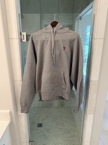 Ami Paris Ami De Coeur Cotton Hoodie Size L Grey