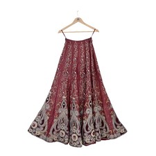 Party wear Heavy Maroon Pure Satin Silk Hand Embroidered Brocade Designer Skirt