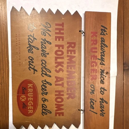 Krueger Breweriana Vintage Wooden Beer Sign 'Remember the Folks at Home' Newark…