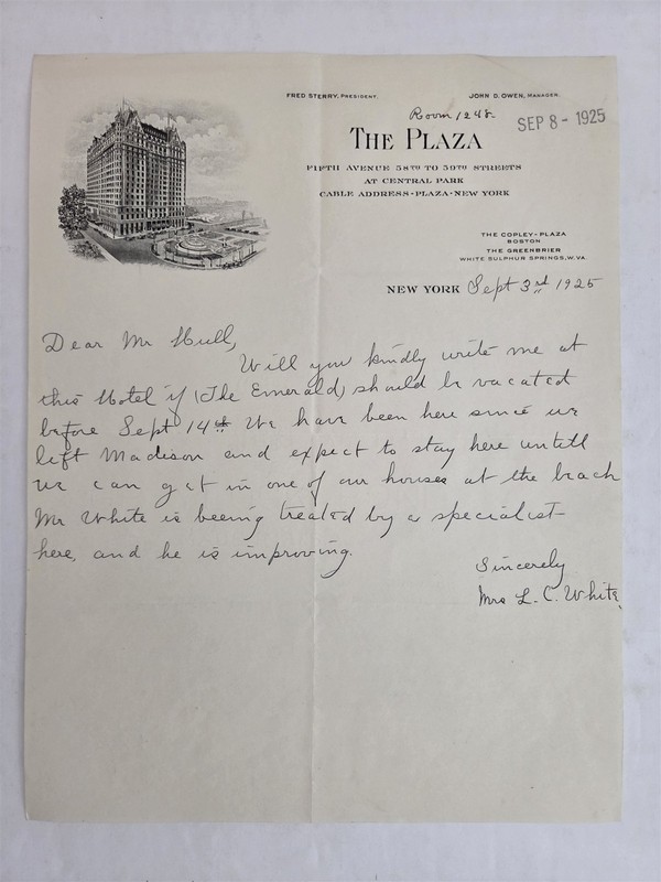 1925 antique THE PLAZA HOTEL new york city ny LETTERHEAD Fred Sterry John D Owen
