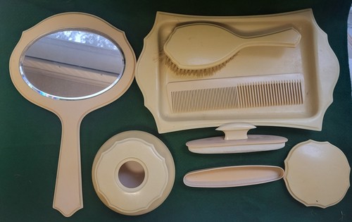6 Piece French Ivory Du Barry Pyrlain Celluloid Vanity Set - Very Nice - 1930s