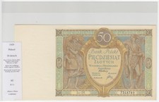 Poland 1929 50 zlotych P-71  in archival  holder with printed insert