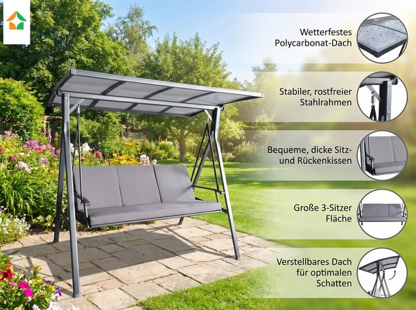 Gartenschaukel 3-Sitzer Hollywoodschaukel Mit Dach Grau-image