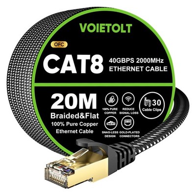 Cat 8 Ethernet Kabel 20M Flach Geflecht 40Gbps 2000MHz für Gaming Router