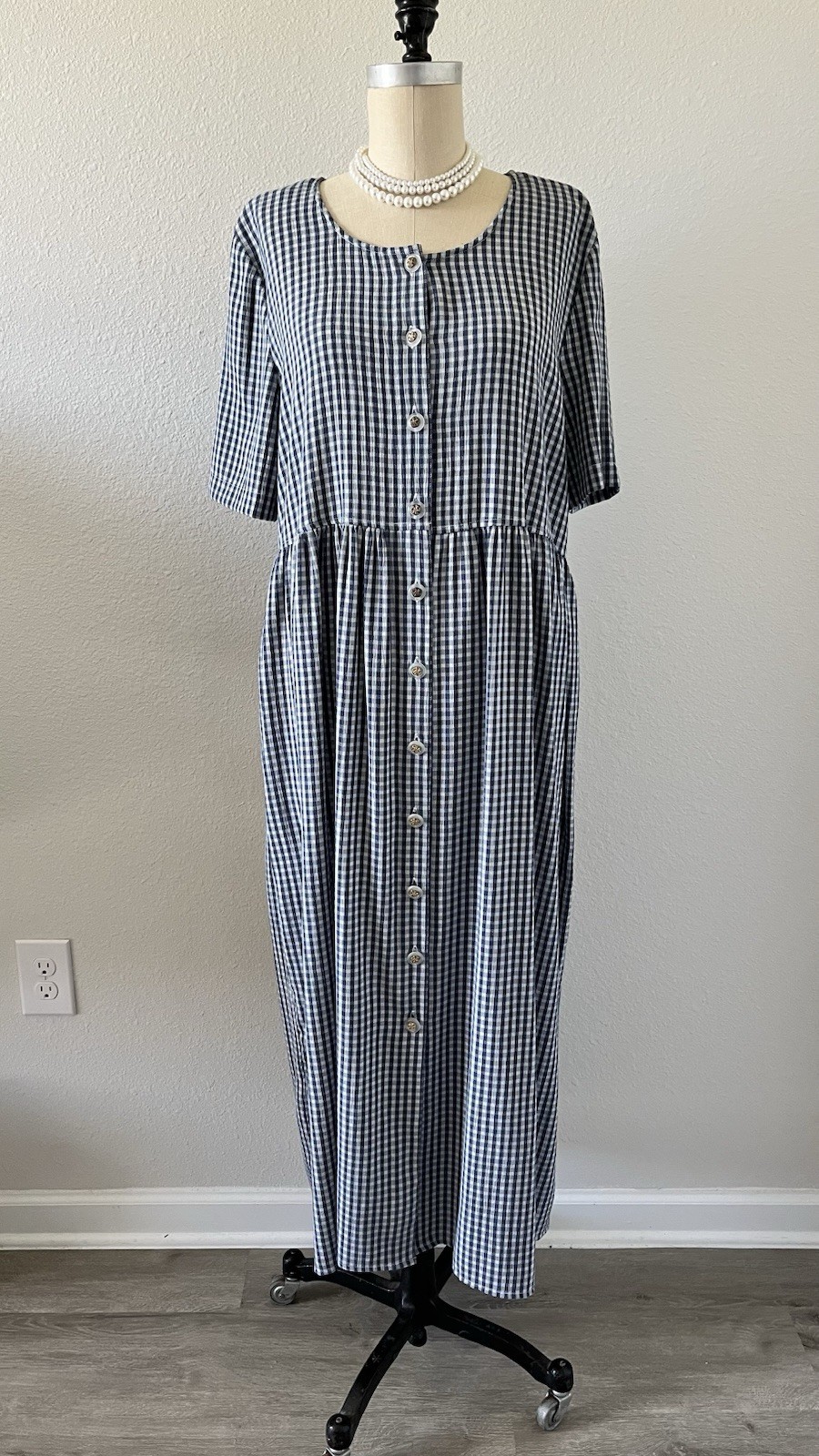 Vintage Gingham Plaid Dress Blue White Button Front Cottagecore Prairie Sz 12