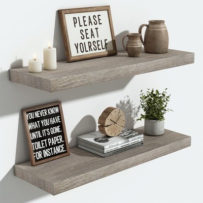 Elm Wood Floating Shelves for Wall Grey, 24 inches x 8  Deep x 1.4 Thick Wood...