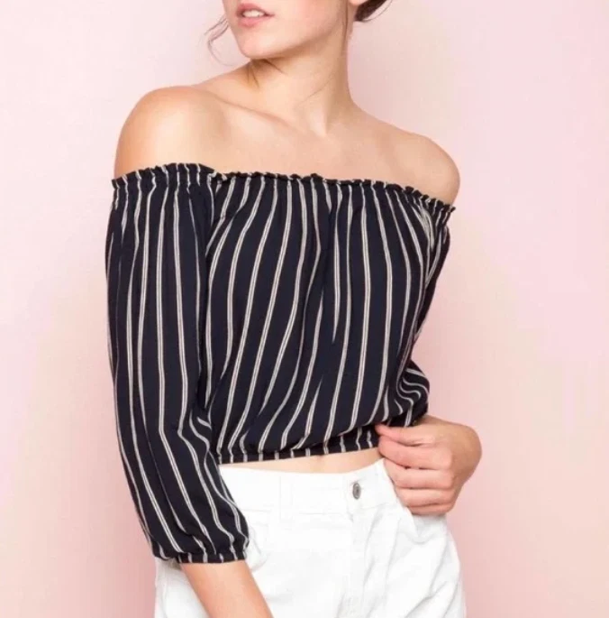 Brandy Melville Navy Striped Off Shoulder Maura Top