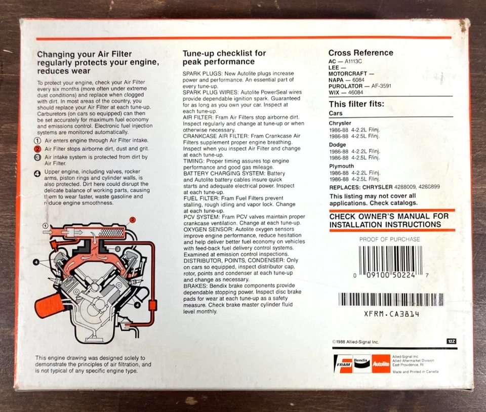 Filtro de aire Fram NOS CA3814 Dodge Plymouth Chrysler 1986 1987 1988 4-2,2 L 2,5 L Foto 4 de 4