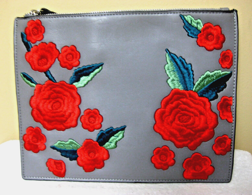 "FRANZÖSISCHE VERBINDUNG bestickte rote Rosen flache Geldbörse mit Taschen 10,5"" x 8"