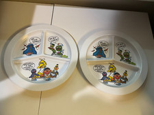 Sesame Street Muppets Children's Divided Dinner Plates White 9.25" Pair Vintage