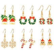 6 Pairs Christmas Santa Snowflake Candy Cane Bell Dangle Hook Earrings Xmas Gift