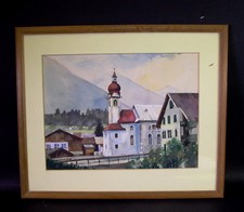 älteres Aquarell - Ort mit BAROCKKIRCHERL - Voralpen Oberbayern / Tirol