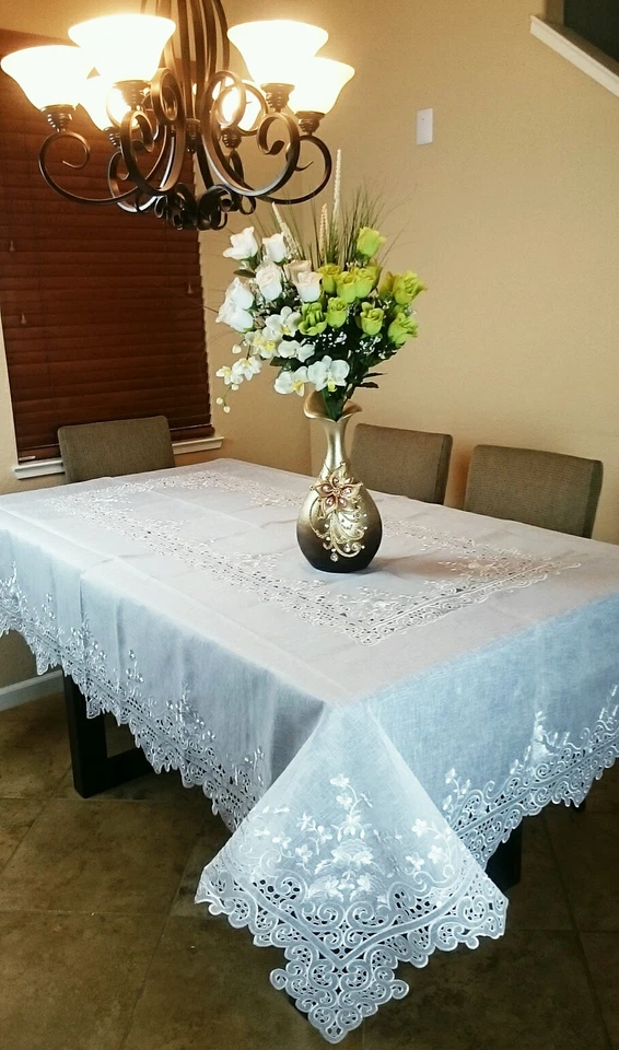 72x144" Embroidered Lace Organza Polyester Tablecloth Napkin White Wedding Party - Image 2 of 4