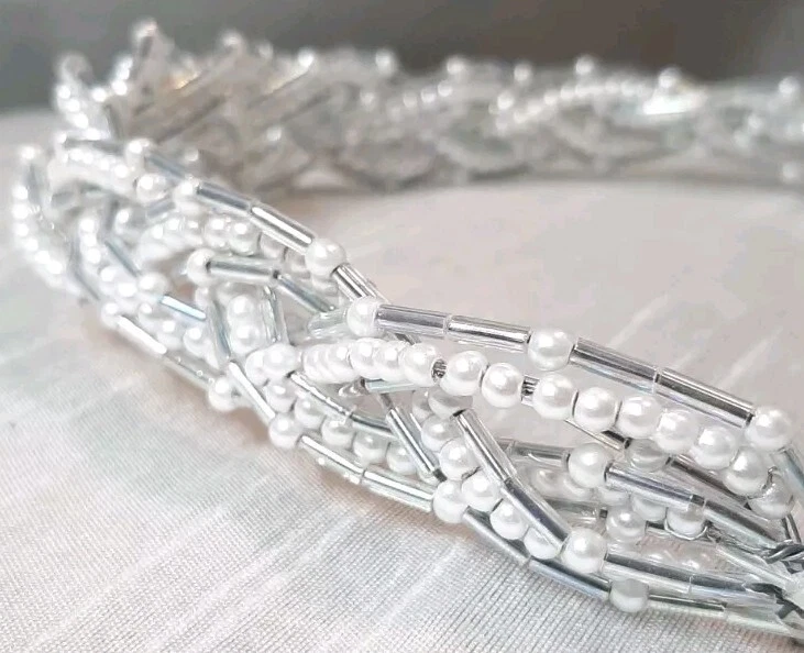 Diadema de Colección Trenzada Imitación Perla Tubo Iridiscente Cuentas Corona para la Cabeza Boda Novia Foto 4 de 4