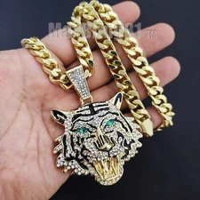 Iced Gold Plated Alloy Cubic Zirconia Large Tiger Pendant & Cuban Chain Necklace