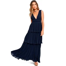 Lulus Gently Adrift Navy Blue Maxi Dress Womens S Pleated Tiered Brand New NWT
