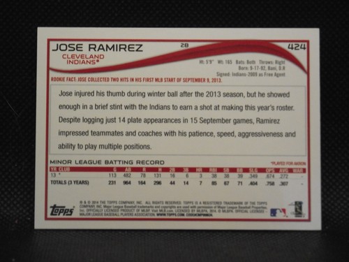 2014 Topps #424 Jose Ramirez RC - Picture 2 of 2