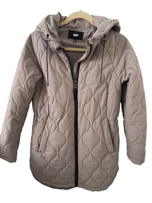 DKNY Long Puffer Coat Tan  with Hood Womens Size XS New