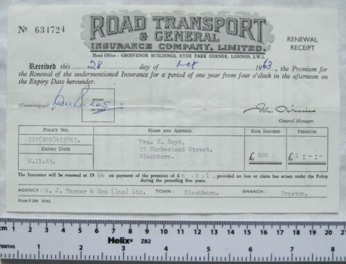 1963 Quittung Road Transport & General Insurance, Boyd, Blackburn