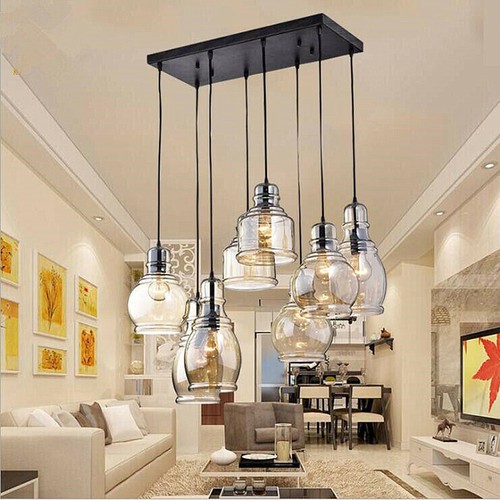 Modern Brandy Glass Pendant Lamp Adjustable 8-Lights Chandelier Rectangular - Picture 5 of 16