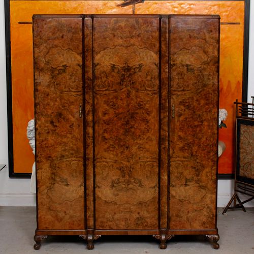 Art Deco Wardrobe Burl Walnut Armoire Triple Compactum 1940s Vintage