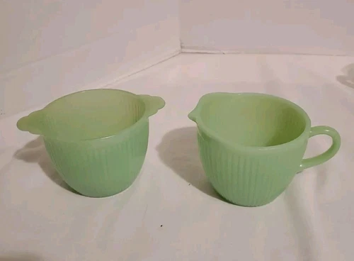 Vintage Anchor Hocking Fire King Jadeite Jane Ray Creamer & Sugar Bowl